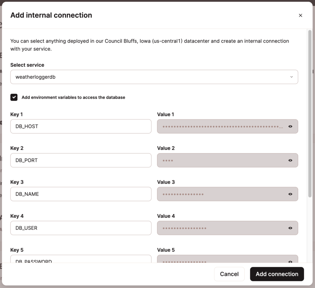 Automatically fill environment variables from the database connection details.