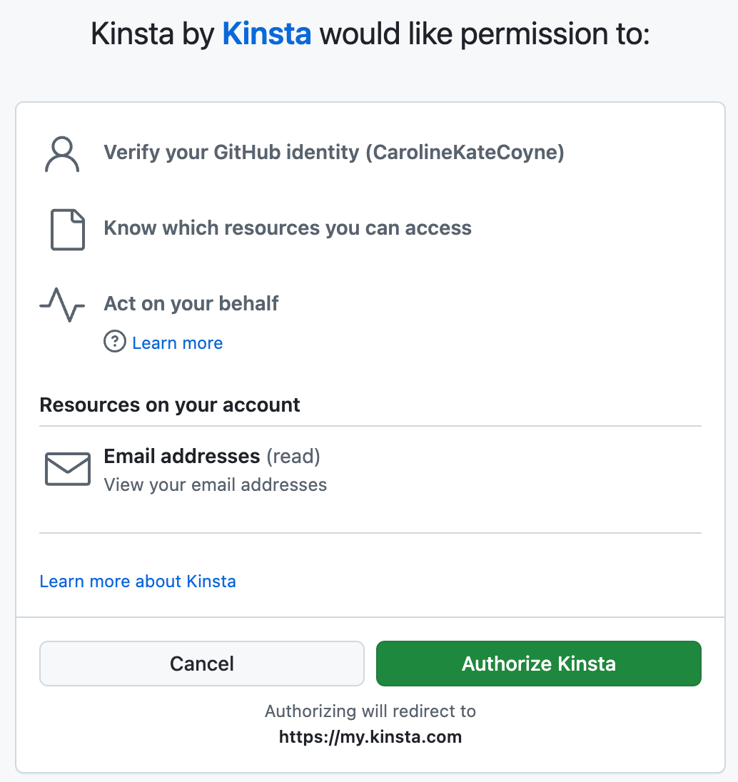 Authorize Kinsta to connect to your GitHub account.