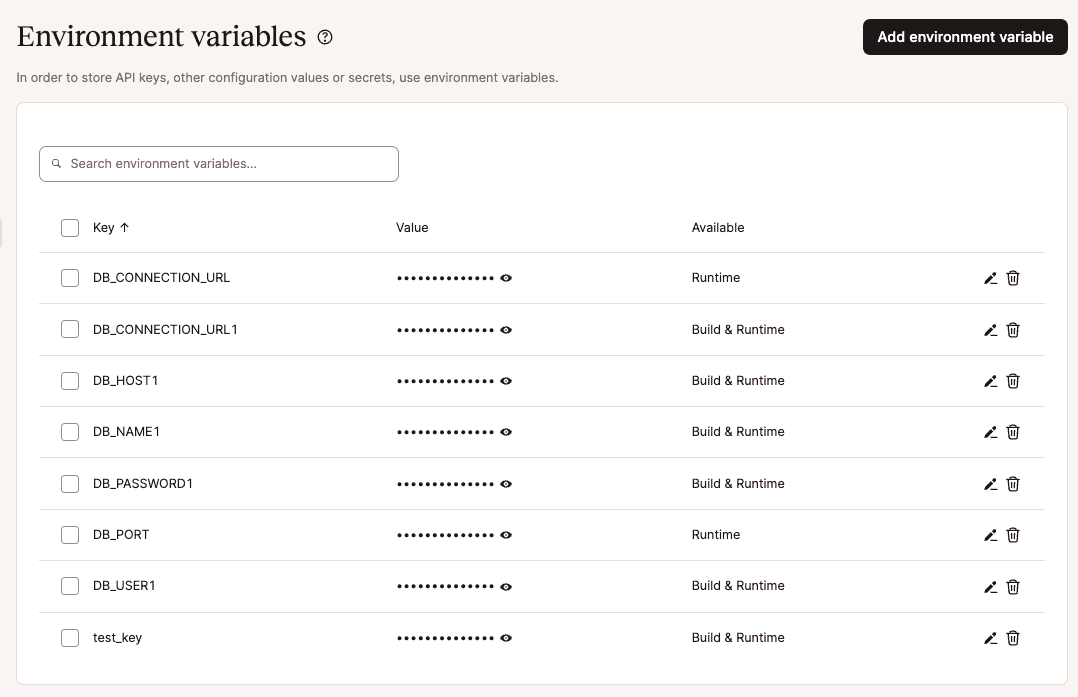 Environment variables for your application.