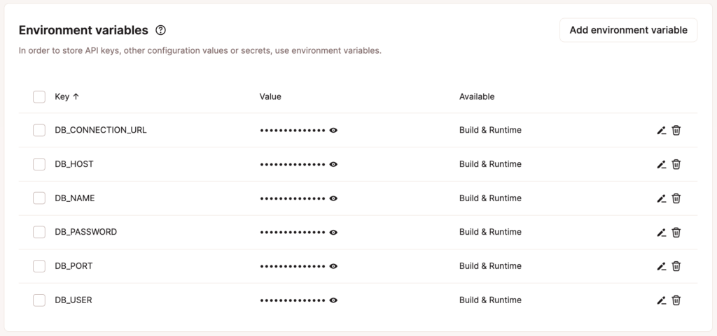 Environment variables for your application.