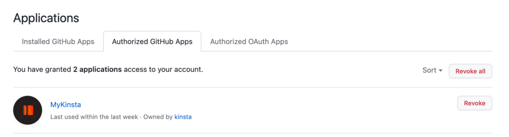 Kinsta GitHub application in Authorized GitHub Apps.