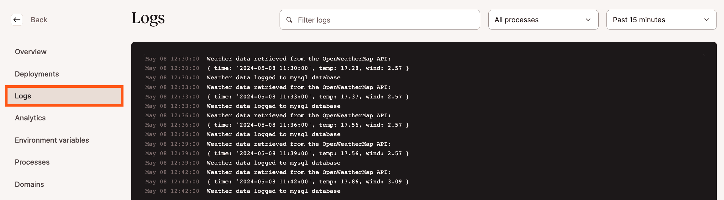 View your application&#39;s runtime logs in Sevalla.