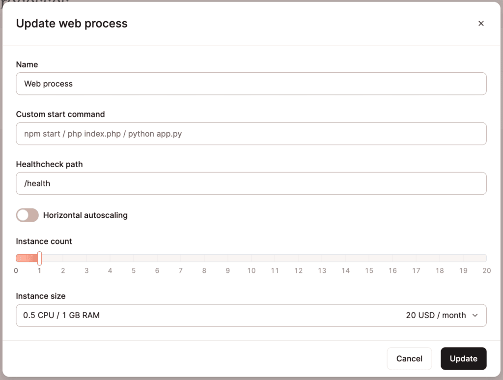 Change instance size, instance count, and horizontal autoscaling for a process.