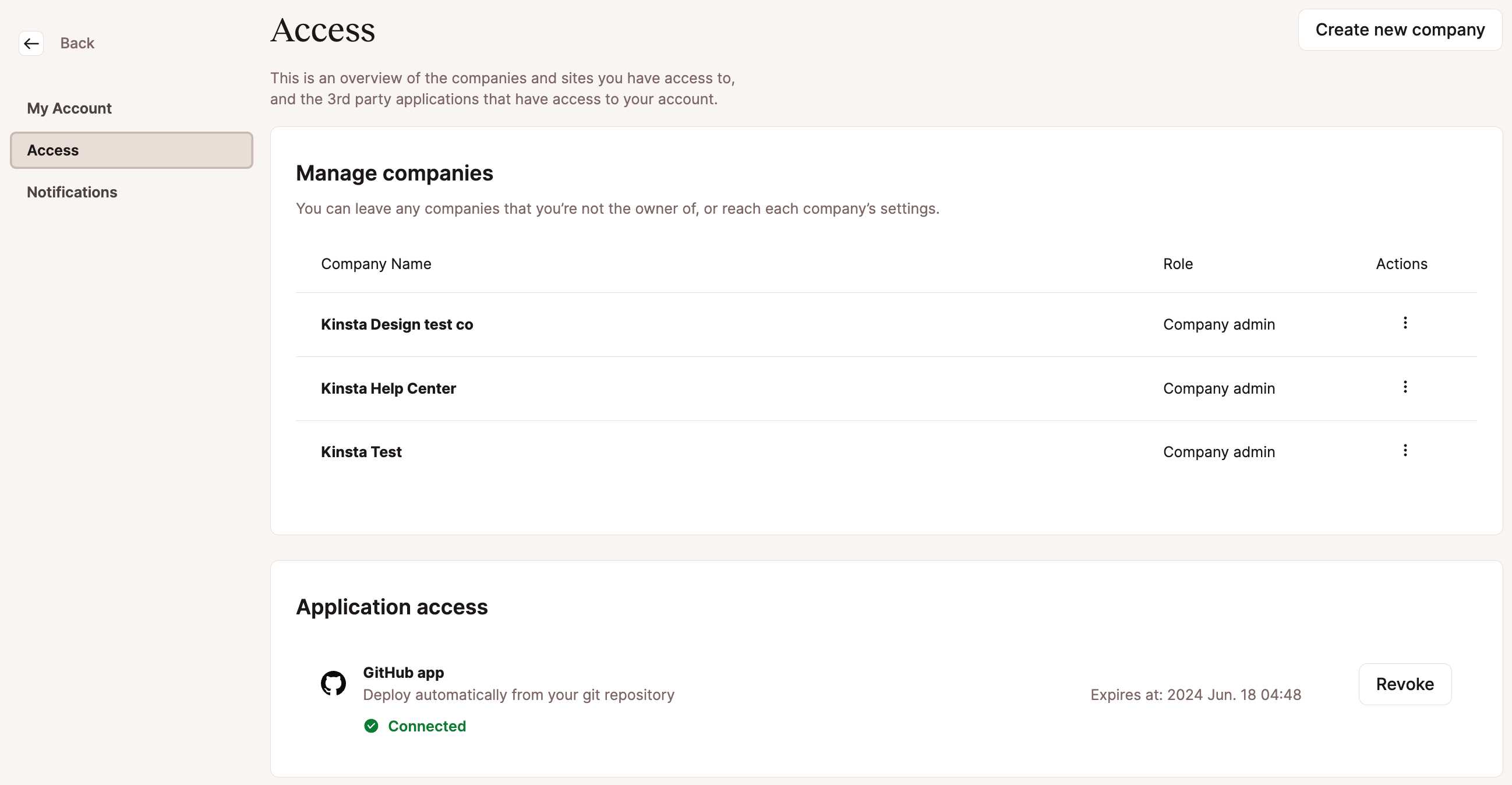 The GitHub application in Sevalla application access.