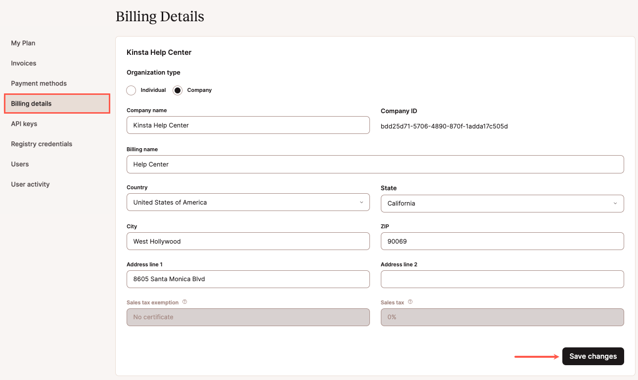 Change your billing address in Sevalla.