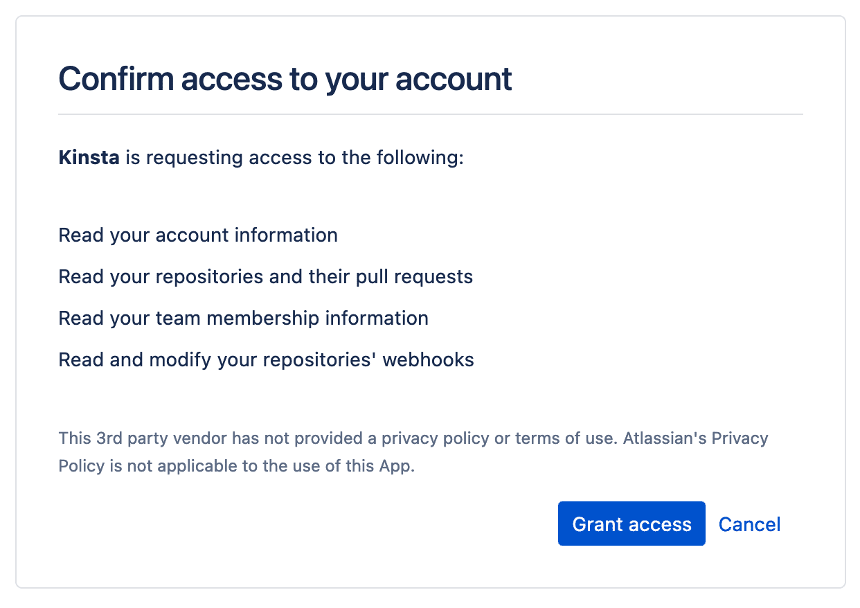 Confirm Kinsta&#39;s access to connect to your Bitbucket account.