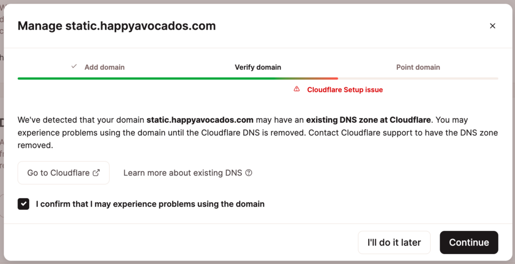 Warning in Sevalla that the domain may have an existing DNS zone at Cloudflare.