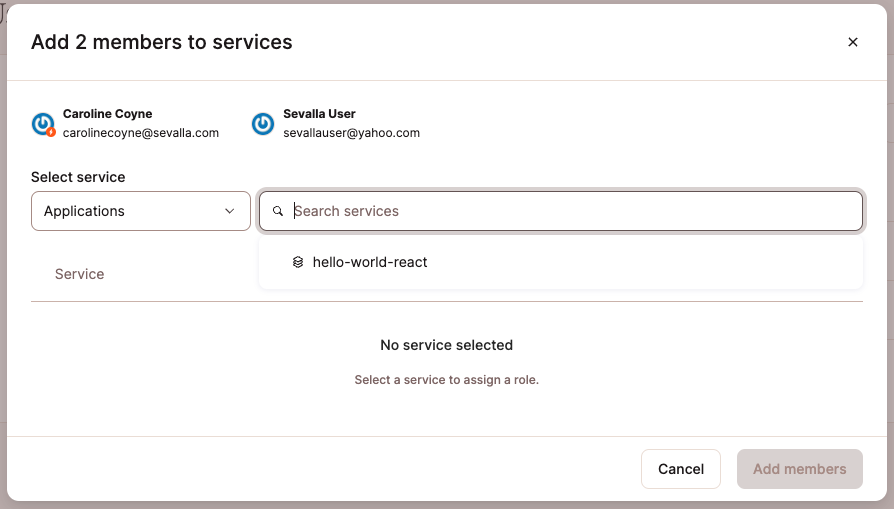 Select a service to add users to. 