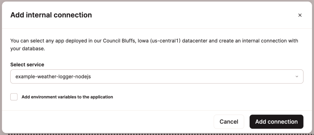 Add an internal connection from a database to an application in Sevalla.