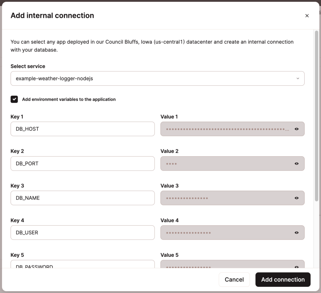 Automatically fill environment variables from the database connection details.