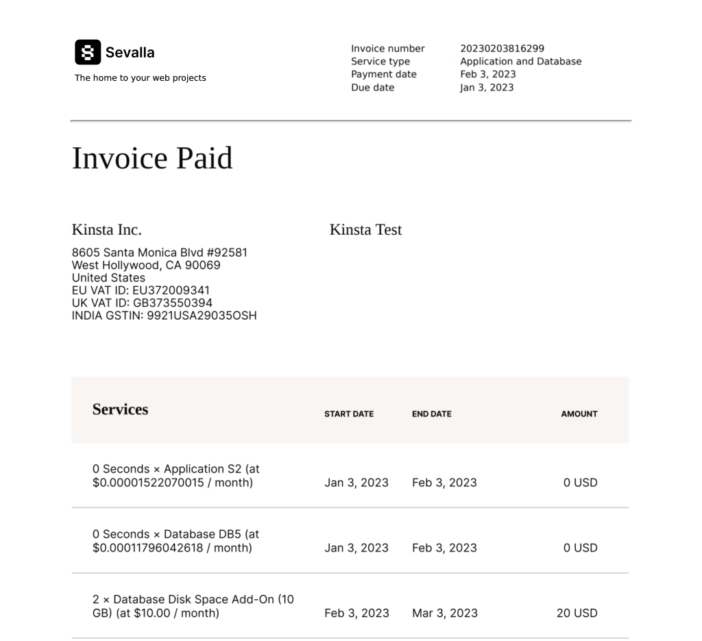 Database disk space add-ons in a paid invoice.