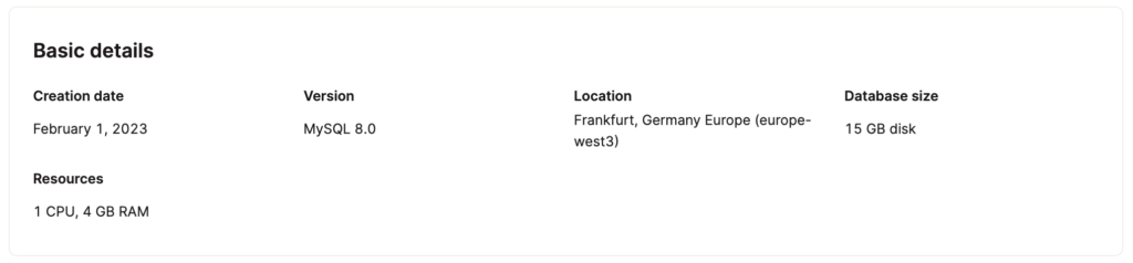 Basic details in Database Info or Database Settings.