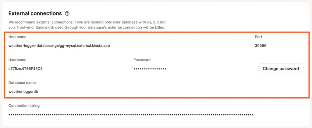 Database external connections information in Sevalla.