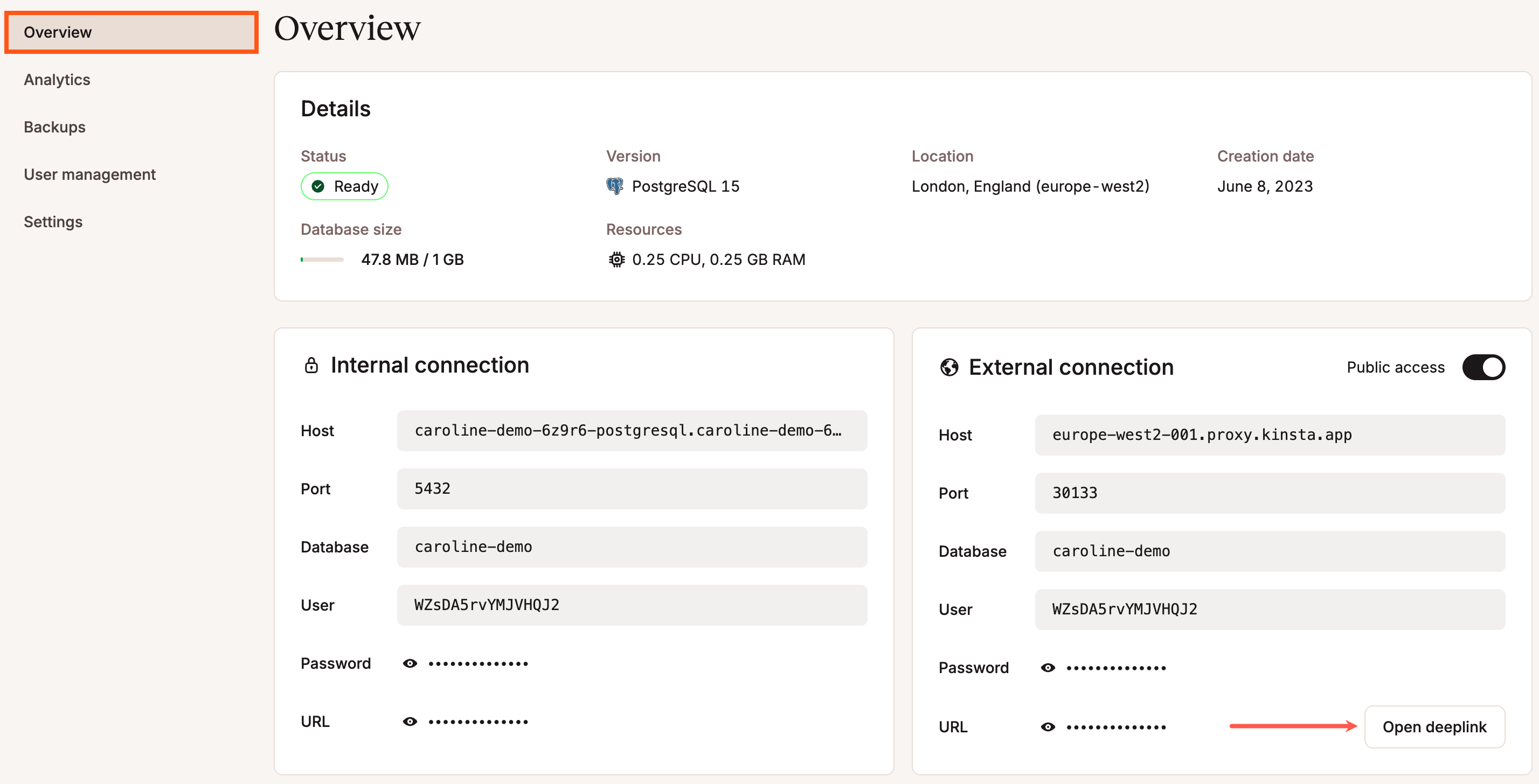 Connect to your database using Open deeplink.