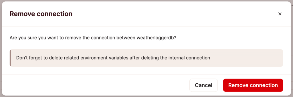 Removing an internal connection between an application and a database