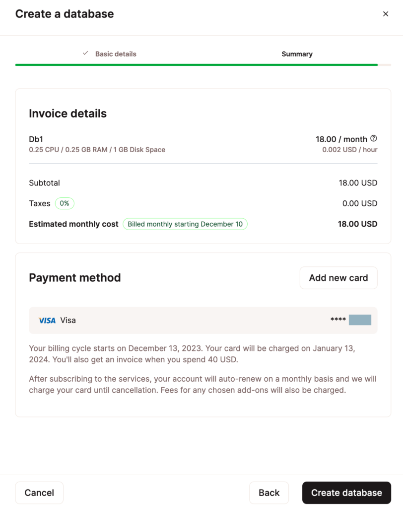 Review and confirm your database’s monthly usage costs and payment method.