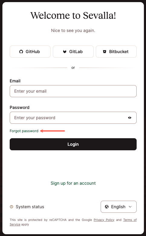 Click the forgot password link on the Sevalla login page.