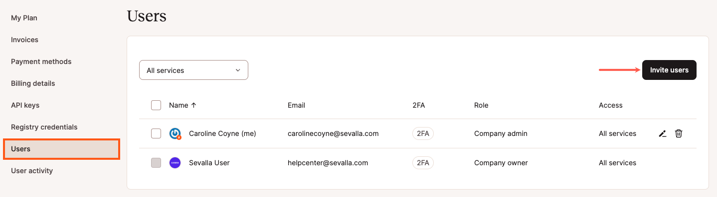 Invite users to your company in Sevalla.