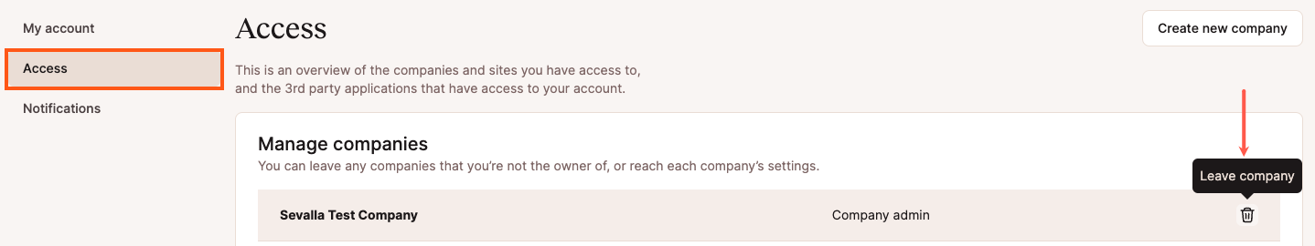 Leave a company in Sevalla User Settings.