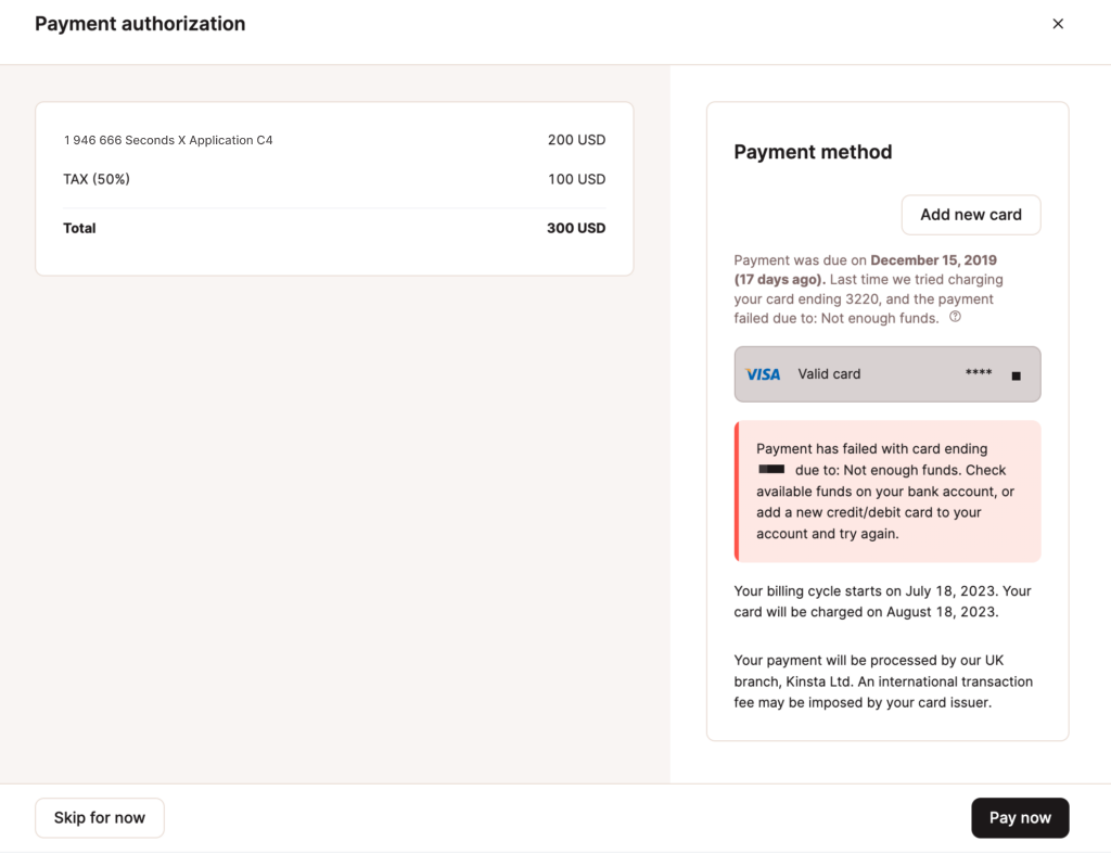 Unpaid invoice notice in Sevalla with details and options to pay.