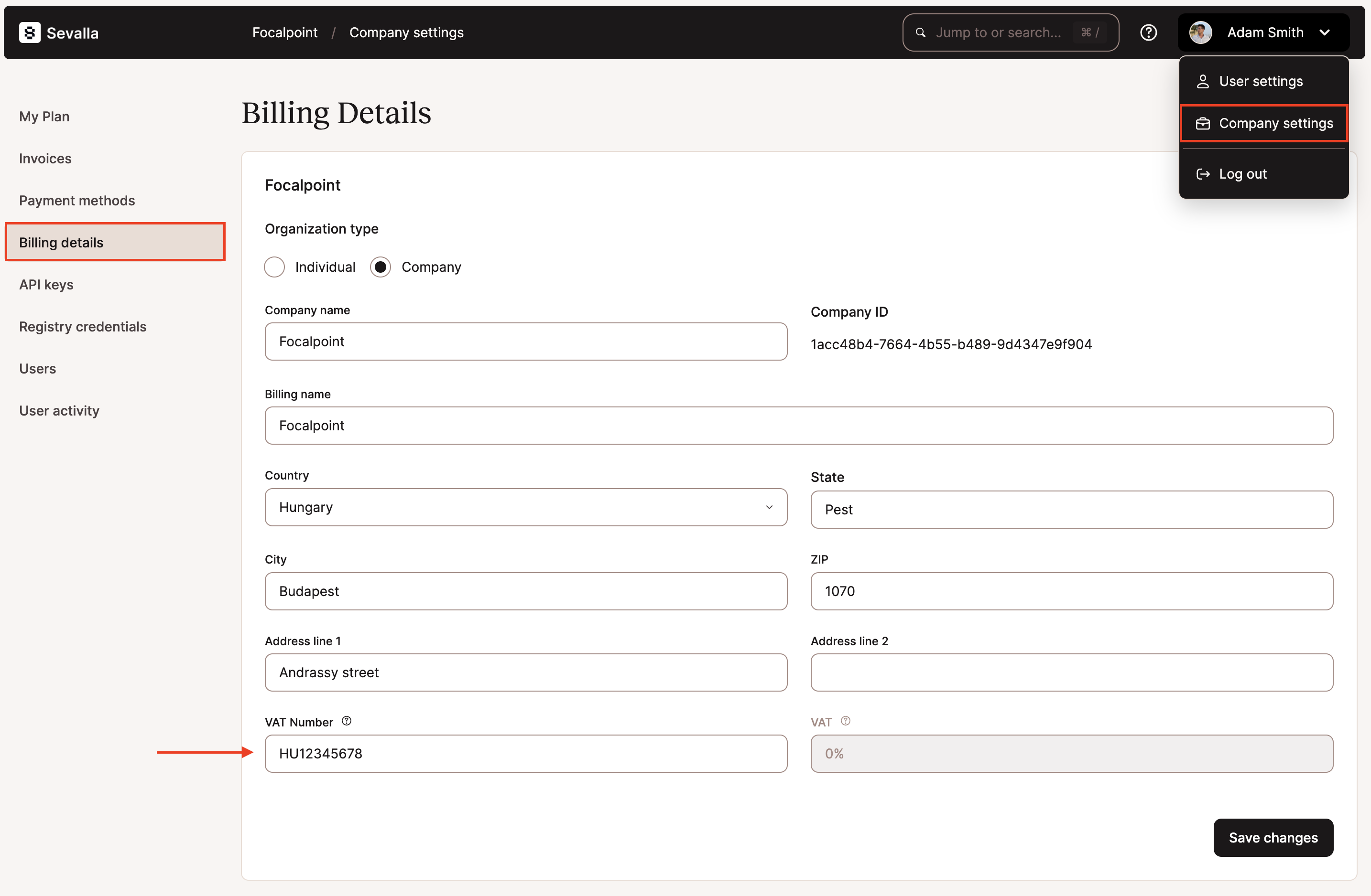 Enter your VAT Number in Sevalla.