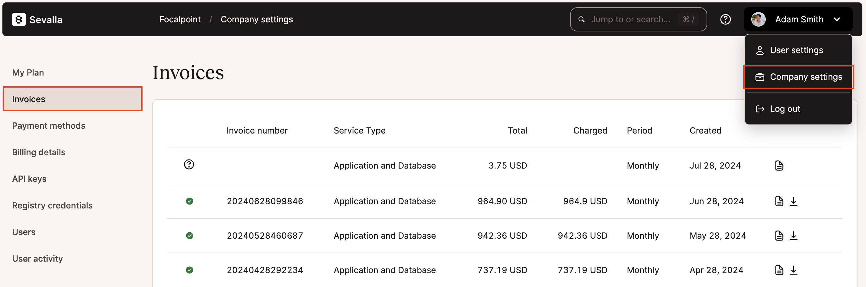 Hosting invoices in Sevalla.