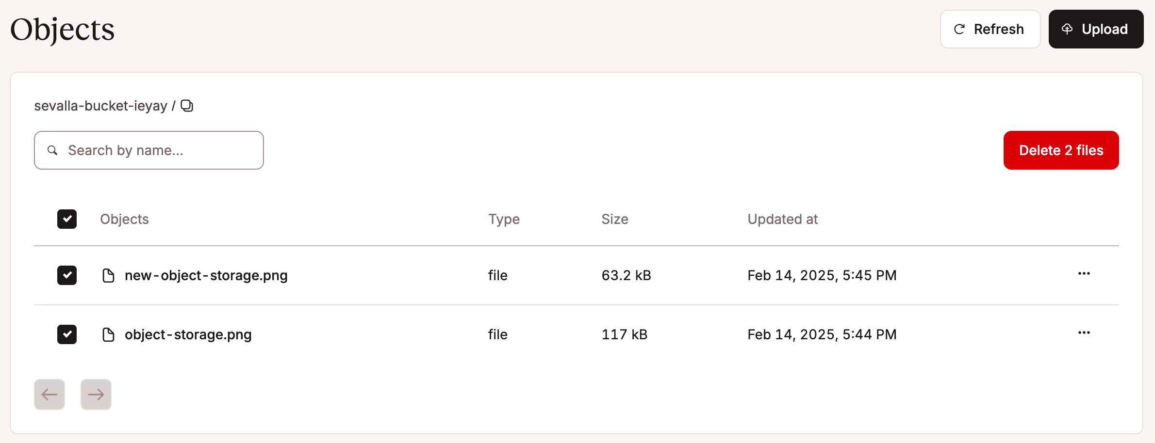 Delete multiple files from object storage.