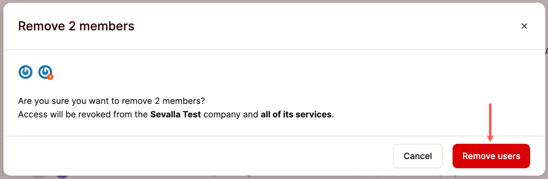 Confirm removing multiple users from a company in Sevalla.