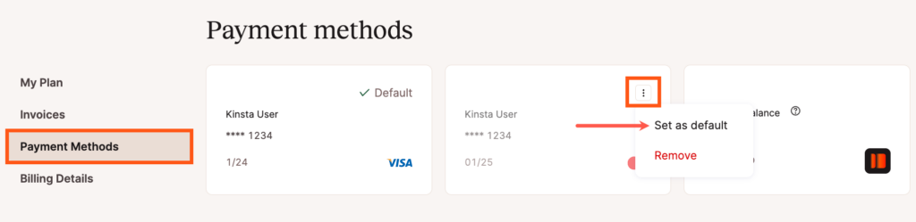 Select the default payment method in Sevalla.