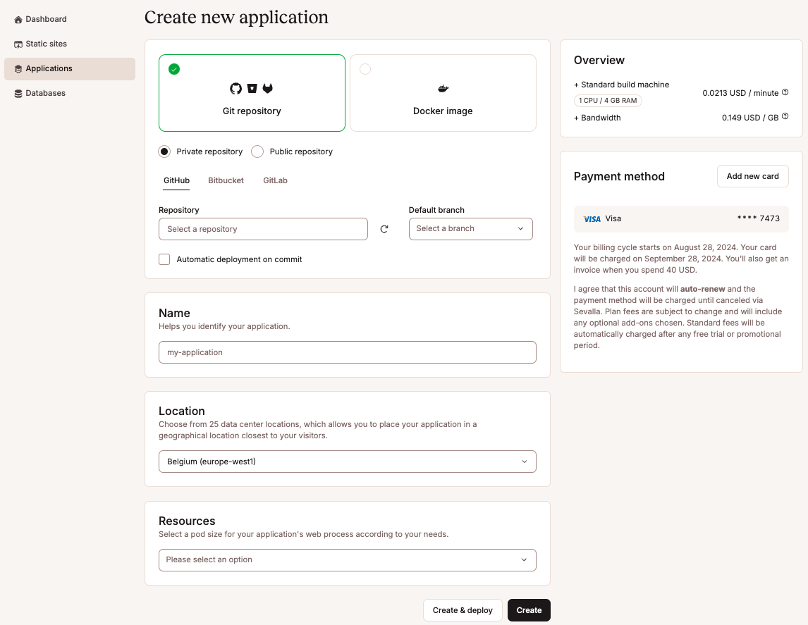 Add a new application using a Git repository.