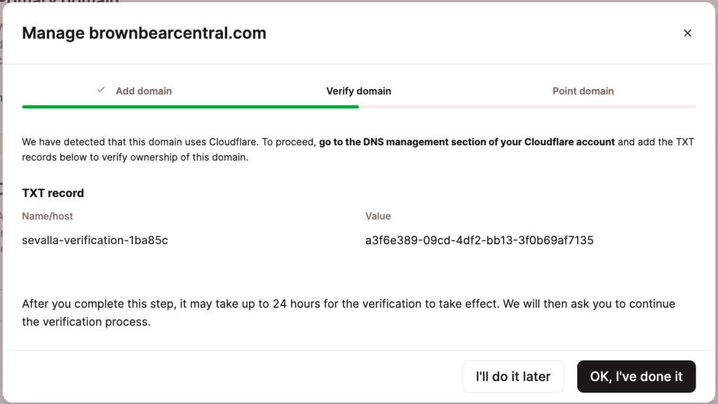 Phase one of verifying your static site domain.