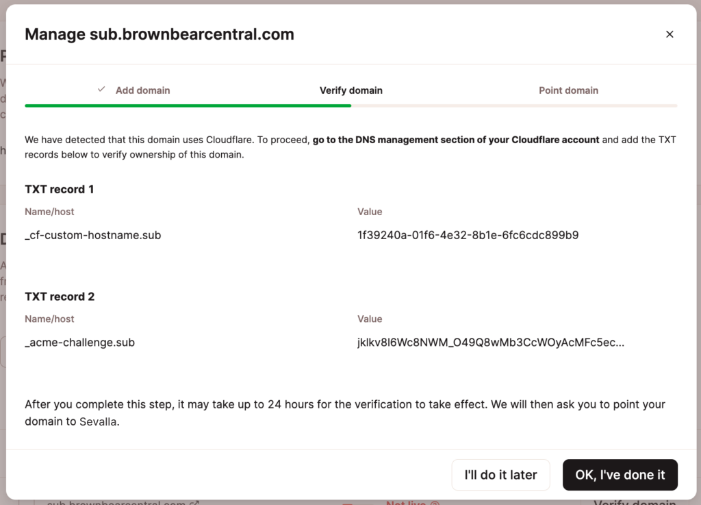 Phase two of verifying your static site domain.