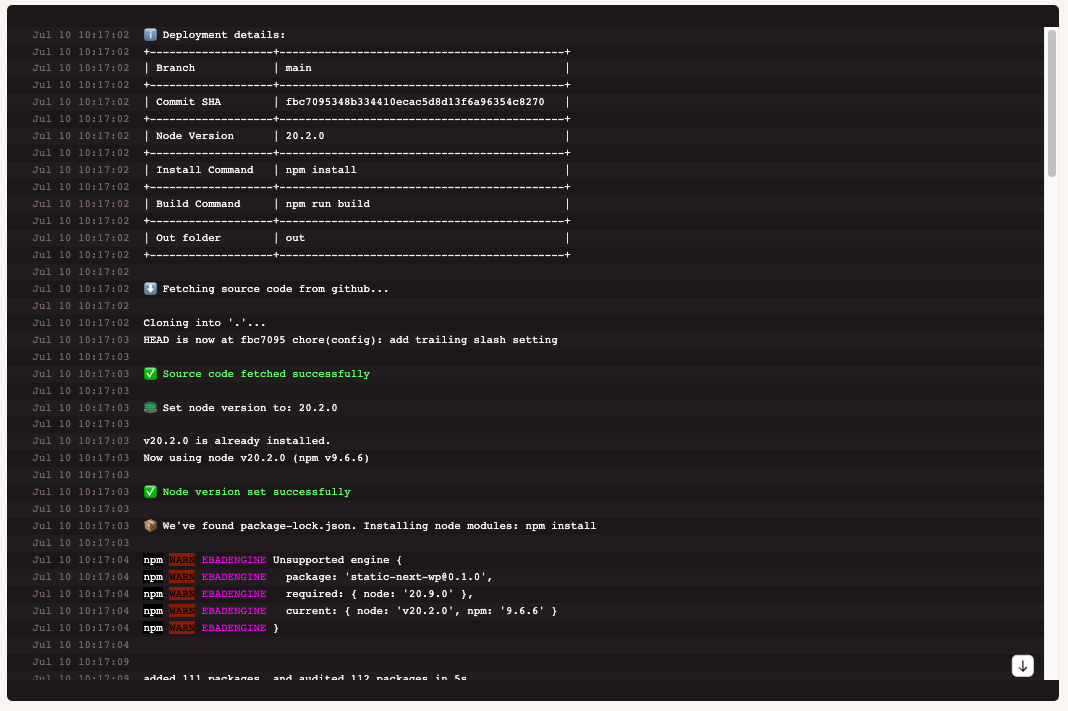 The static site deployment log for an individual deployment.