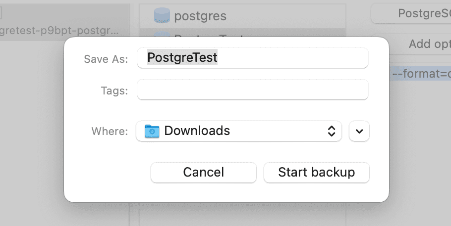 Start your database backup in TablePlus.