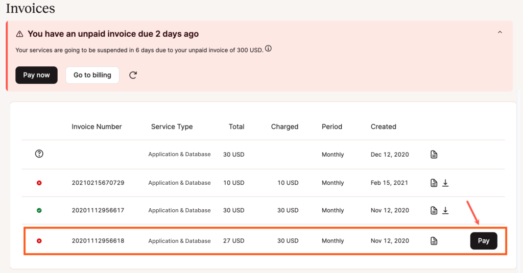 Pay an unpaid invoice in Sevalla.