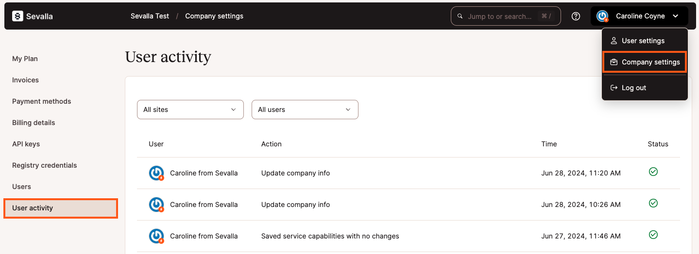 Company Activity Log in Sevalla.