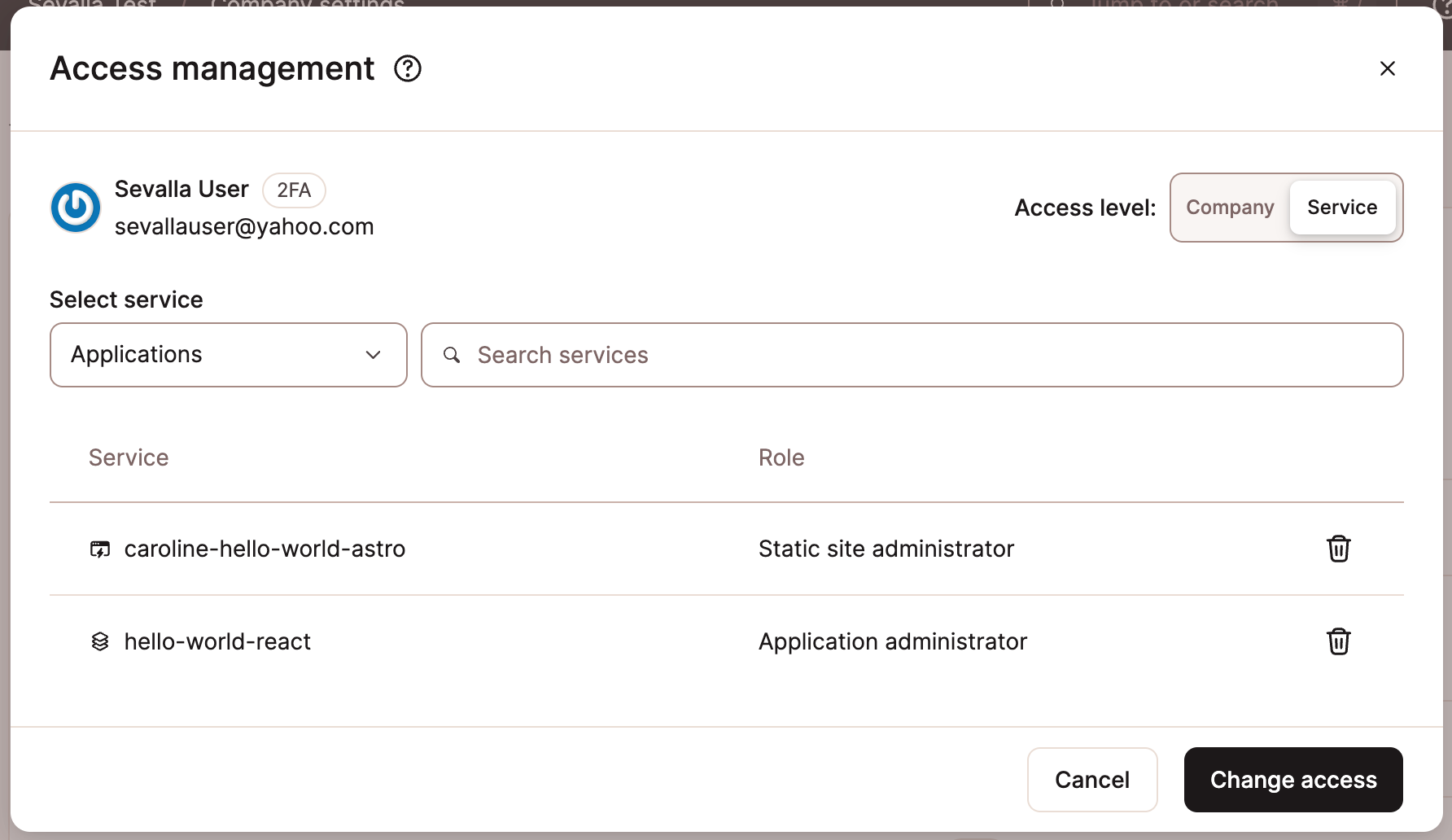 Remove a user from a service in Sevalla.