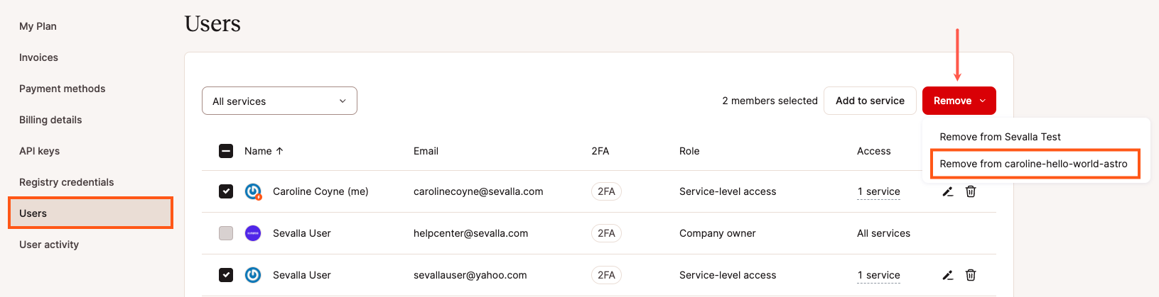 Select and remove multiple users from a service in Sevalla.