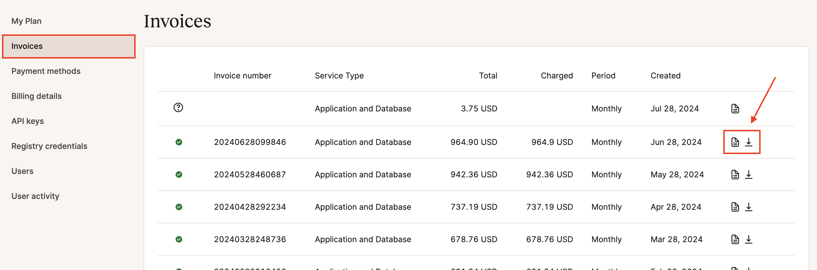 View or download invoices in Sevalla.